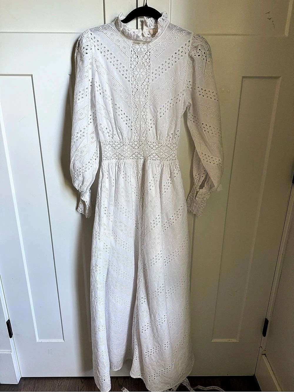 Stunning Sezane Merry Dress in Ecru with gathered lace high collar. Size 34.